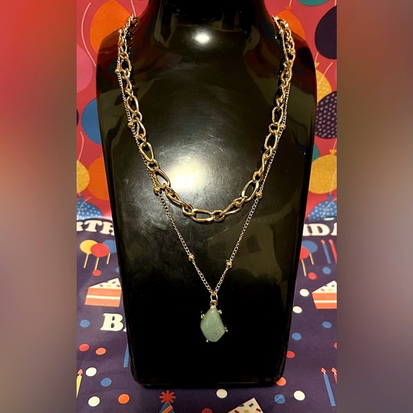 Genuine Amazonite Gemstone Teardrop Pendant In This Multi Layer Gold Necklace - Picture 3 of 11